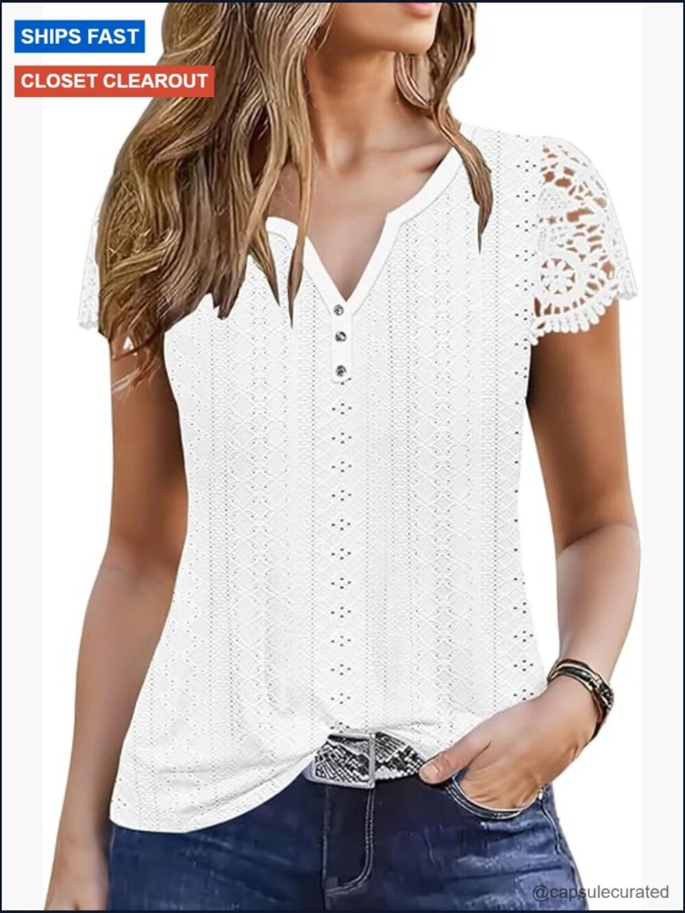Women's V-Neck Lace Cap Sleeve Blouse Lightweight Summer Tank Top Button Down